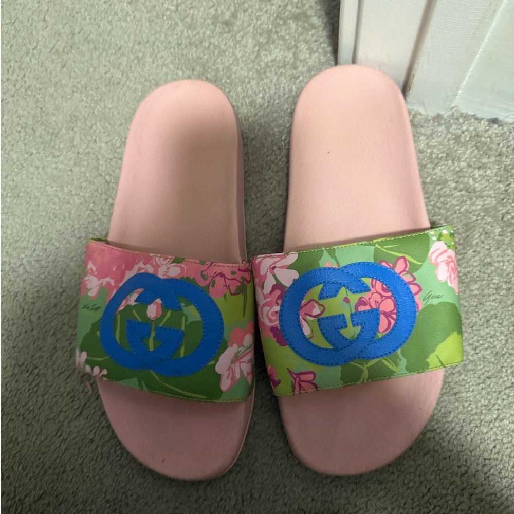 Gucci Pink and Green Floral slides